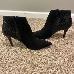 Express Black Suede Pointed Ankle Booties with Snakeskin Heel